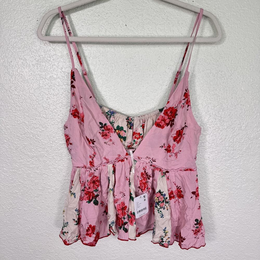 Free People Tillie Babydoll Top Womens Large Pink Floral Ruffle Peplum Cami NEW